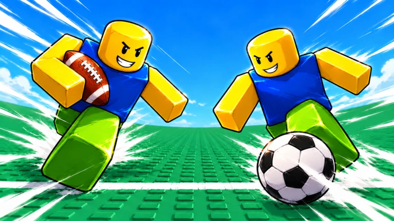 Two blocky avatars running on a green field, one carrying an American football and the other kicking a soccer ball