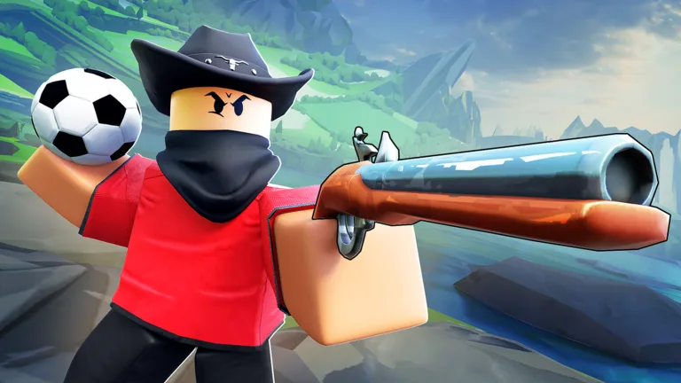 A Roblox player in a cowboy hat and bandana aims a long flintlock pistol while holding a soccer ball
