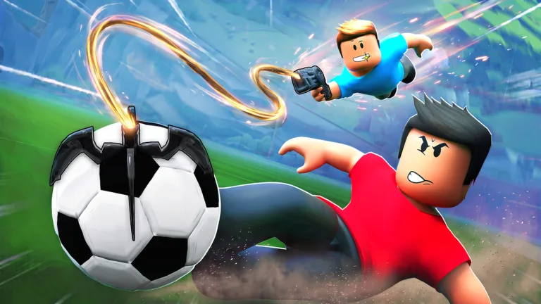 A grappling hook latches onto a soccer ball as a player in red slides in and another player flies overhead