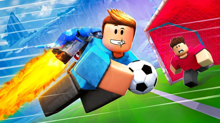 A Roblox player rides a flaming jetpack with a soccer ball toward a red goal