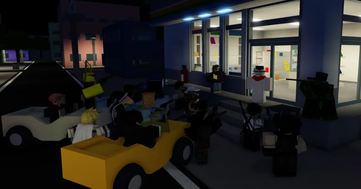 Jujutsu Shenanigans at night: blocky fighters crowd a street with yellow go-karts outside a brightly lit storefront