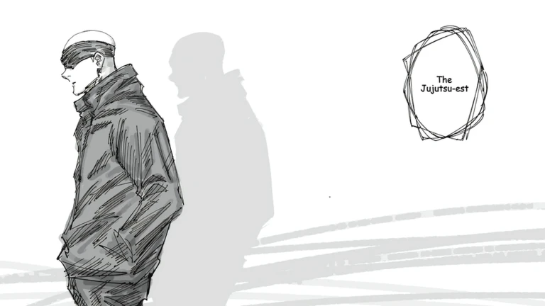 Jujutsu Shenanigans art: a pencil sketch of a figure in a cap and long coat, hands in pockets, beside a bubble reading The Jujutsu-est