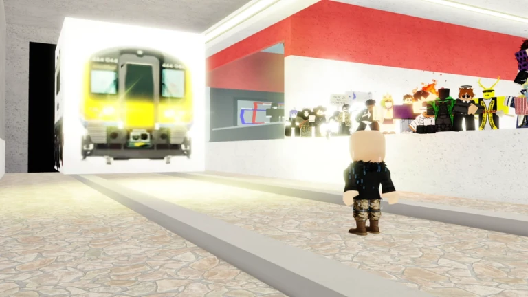 A yellow-fronted train pulls into a white station in Jujutsu Shenanigans while a row of avatars stands behind a counter