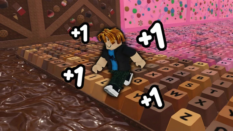 A blocky avatar sits on chocolate brown keyboard keys beside a pool of melted chocolate, a pink candy wall behind