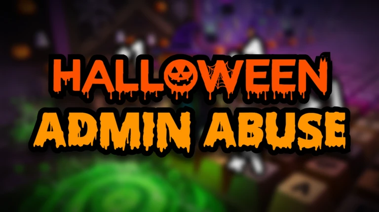 Orange dripping Halloween Admin Abuse event card over a blurred purple and green scene