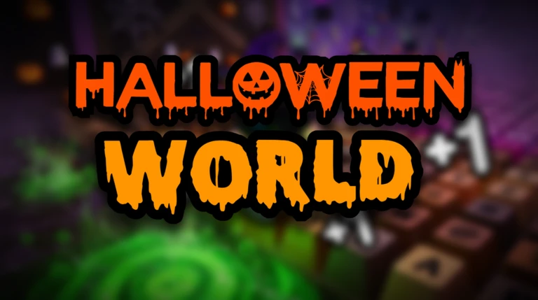 Orange Halloween World event card with a pumpkin logo over blurred keyboard keys and a +1 sign