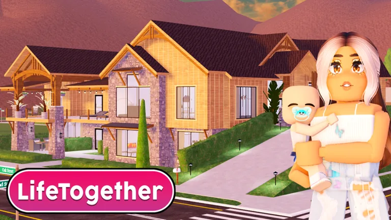 A Roblox avatar holding a baby in front of a large wooden house with a stone base, with the LifeTogether logo