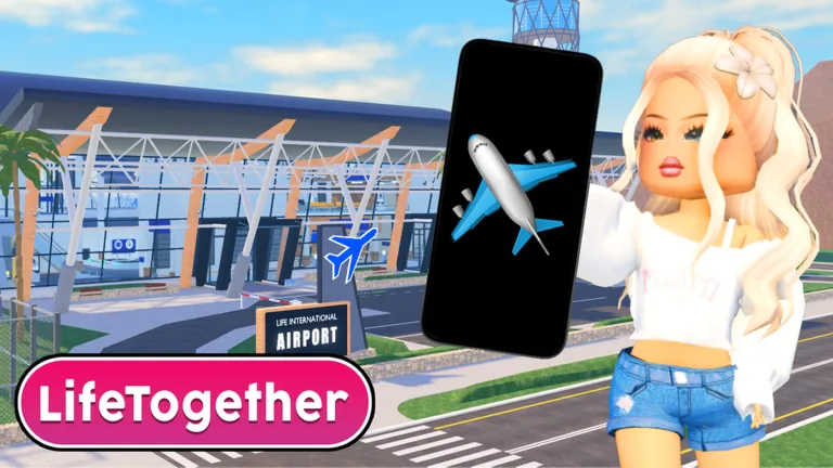 A blonde Roblox avatar holding a large phone that shows an airplane icon, in front of an airport, with the LifeTogether logo