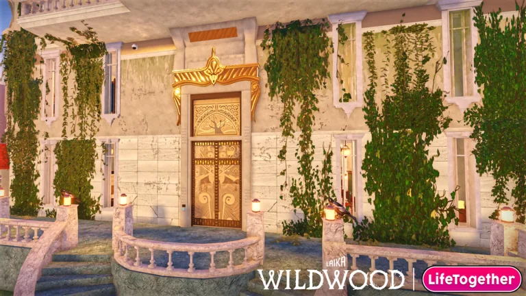 A stone mansion covered in green ivy with a grand wooden door, captioned Wildwood with the LifeTogether logo
