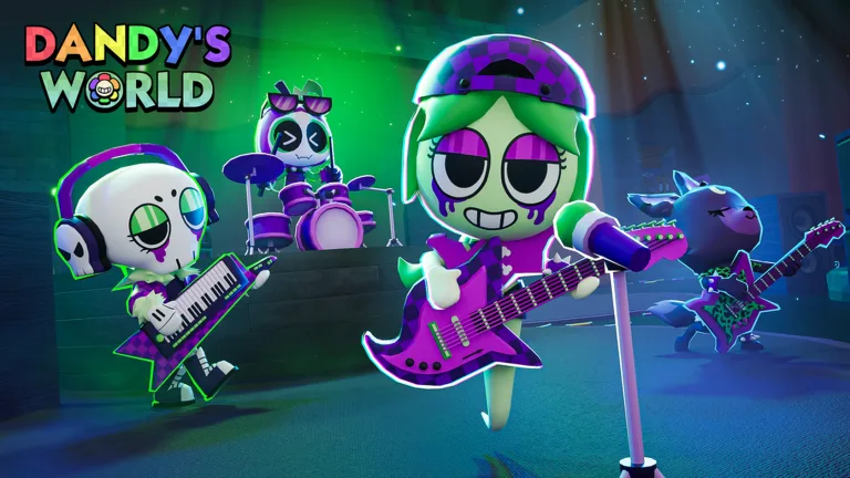 Dandy's World thumbnail with four cartoon characters playing instruments on a stage under the game logo