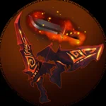 Round game pass icon showing a red and orange ember-patterned knife and gun