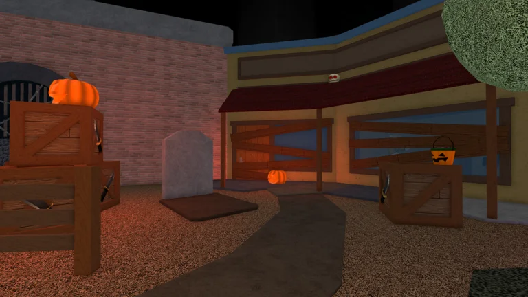 A dark Roblox street with a gravestone, a carved pumpkin, wooden crates and a candy bucket in front of boarded-up shops