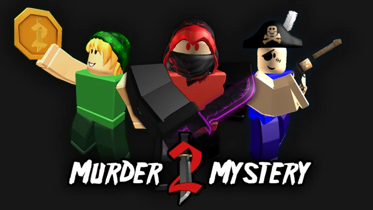 Three Roblox characters, one in green holding a gold coin, one in a red hood with a dark knife and a pirate with a gun, above the Murder Mystery 2 logo