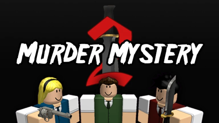 Murder Mystery 2 logo with a knife above three characters, one holding a revolver and one a knife
