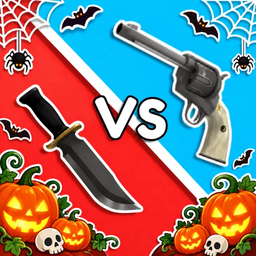 A Halloween version of the game icon: a knife on red and a revolver on blue around a white VS, with bats, spiders and carved pumpkins
