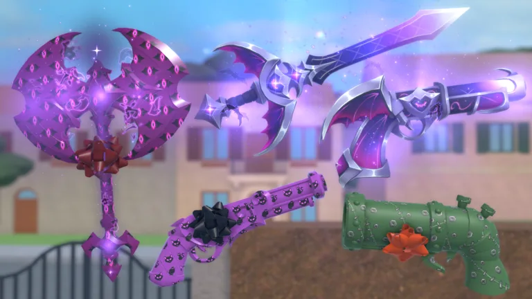Purple and green Halloween weapon skins, including a bat-winged knife and pistols, in front of a blurred town street