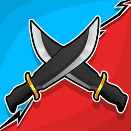 Two crossed curved knives with gold guards on a blue and red background