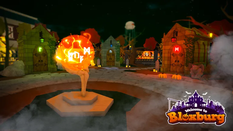 A fiery orange orb glows on a stone pedestal in a misty Bloxburg town square at night