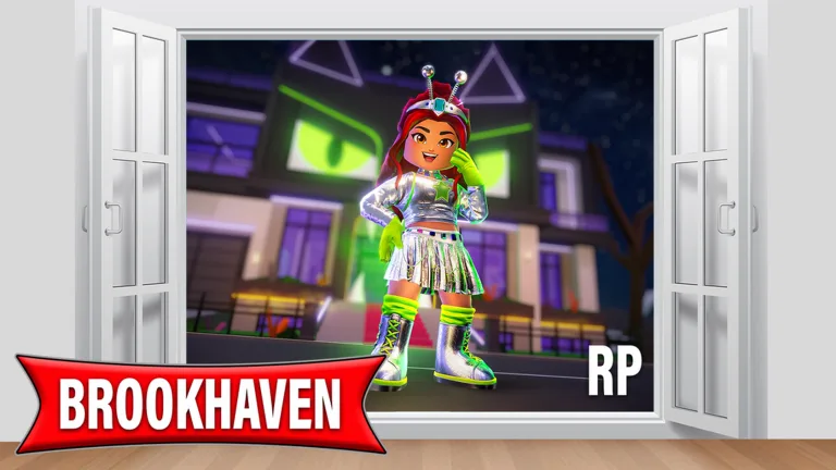 A Roblox avatar in a silver outfit and antenna headband stands in front of a house with glowing green windows, framed by open white doors and a Brookhaven sign