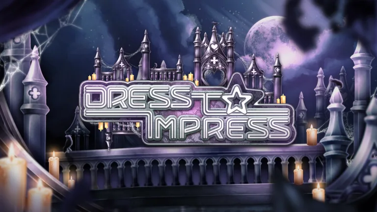 The Dress To Impress logo over a gothic castle with candles under a cloudy night sky and a full moon