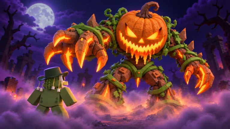 A pumpkin-headed giant made of twisted vines looms over a small Roblox avatar on a purple Halloween night