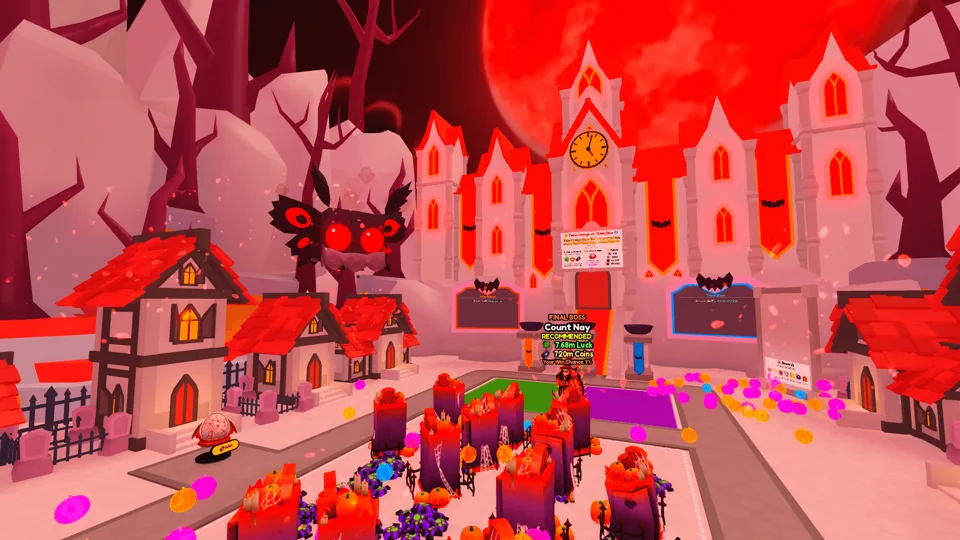 Pet Simulator 99 Blood Moon street of red-roofed houses under a red moon, with a clock tower manor at the end