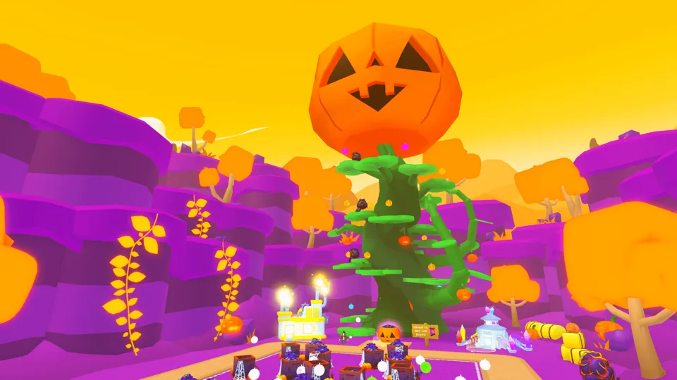 Pet Simulator 99 Hatch Wars zone with a giant jack-o'-lantern on a green stalk above purple hills and orange trees