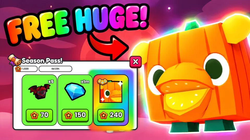 Pet Simulator 99 Season Pass art: an orange pumpkin pet with a duck bill beside a FREE HUGE banner and three reward tiers