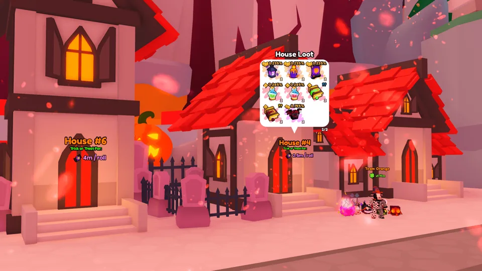 Pet Simulator 99 trick-or-treat street with red-roofed houses, a House Loot card and a glowing doorway