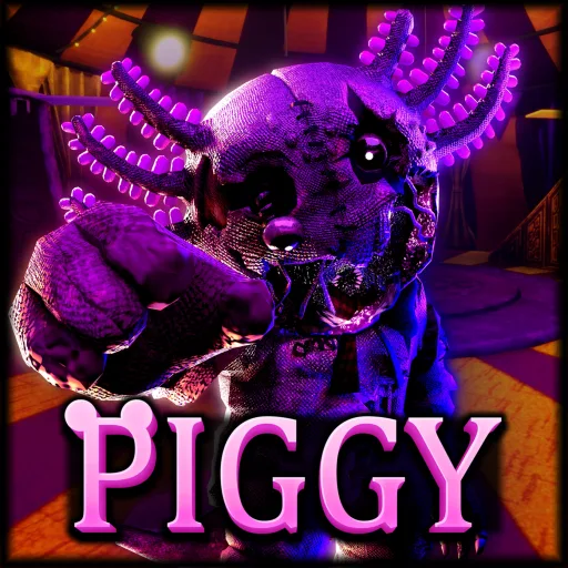 A stitched purple creature with glowing bulb-tipped horns reaches toward the viewer in front of a striped circus tent, with the pink Piggy logo below
