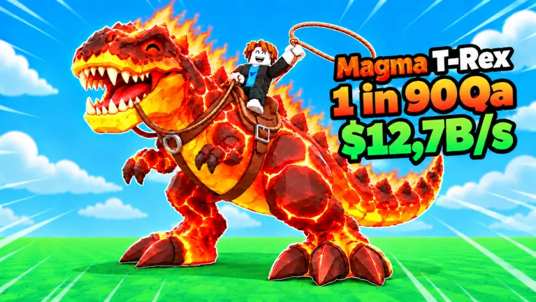 A flaming lava T-Rex with a Roblox rider swinging a lasso, under a Magma T-Rex, 1 in 90Qa and $12,7B/s overlay