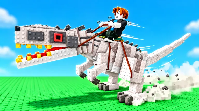 A white and gray blocky T-Rex with a red-eyed robot face charges across grass with a Roblox rider holding the reins