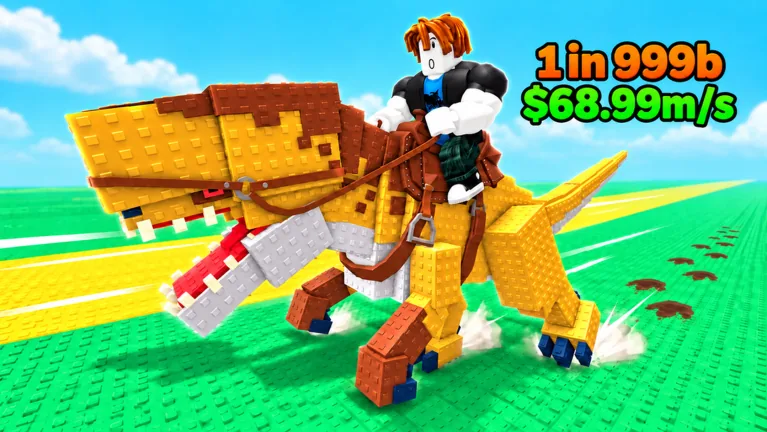 A Roblox avatar rides a yellow and brown blocky dinosaur across green grass under a 1 in 999b and $68.99m/s overlay