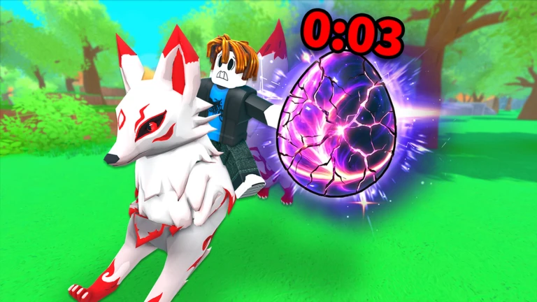 Player riding a white fox with red markings beside a cracked purple egg and a three-second countdown