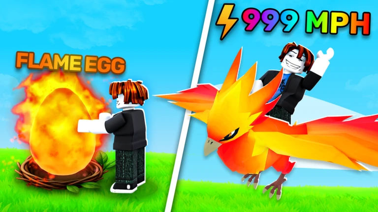 Flame Egg burning in a nest next to a player, then the player flying a fiery phoenix under a 999 MPH label