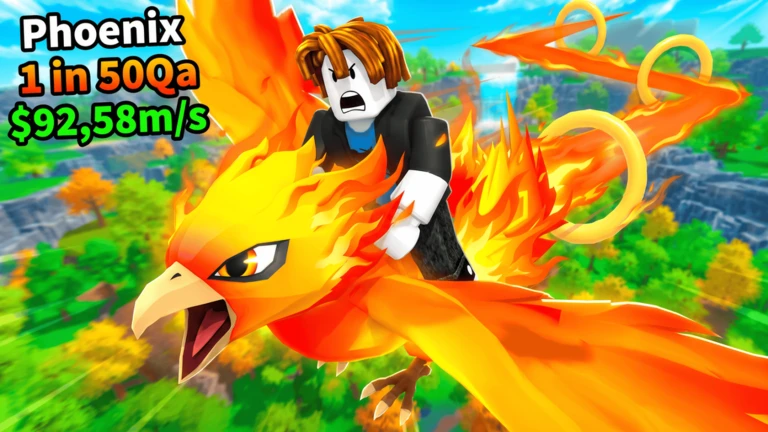 Player riding a flaming phoenix over trees with a rarity and speed label in the corner