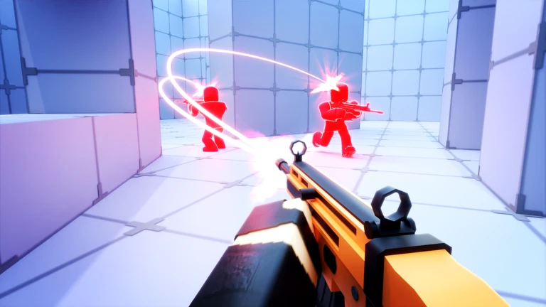 First-person view firing an orange submachine gun at two red enemies in a bright white arena