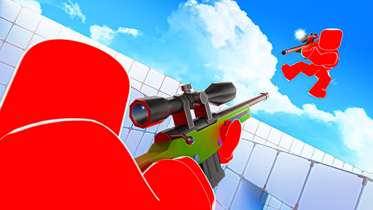 Red player aiming a green-and-black sniper rifle at an enemy sniper jumping through a blue sky