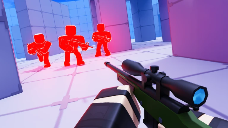 First-person sniper rifle pointed down a lilac corridor at three red enemies holding rifles