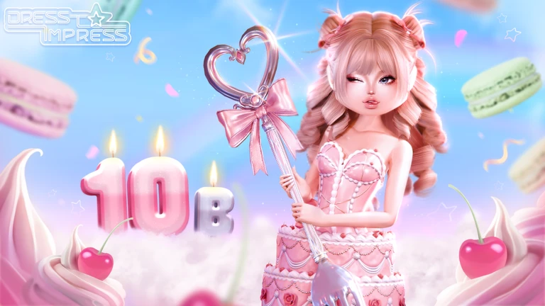 A pastel pink Dress To Impress scene with a blonde avatar holding a heart wand beside a cake with 10B candles