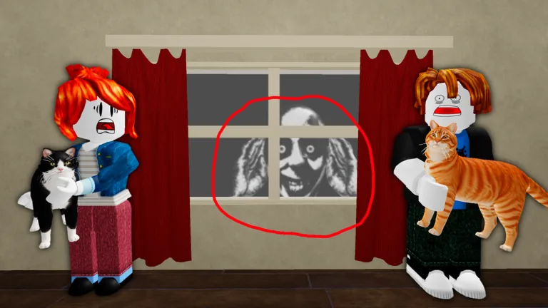 Two avatars hold cats beside a window where a pale face is circled in red