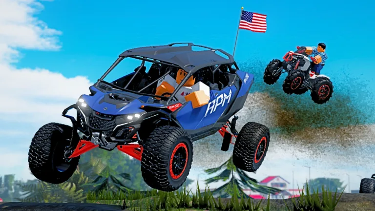 A blue off-road buggy and an ATV jump across a muddy hill under a blue sky