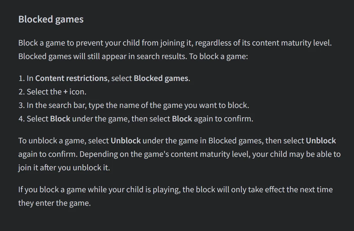 Roblox Support section on Blocked games with four steps to block a game and notes on unblocking