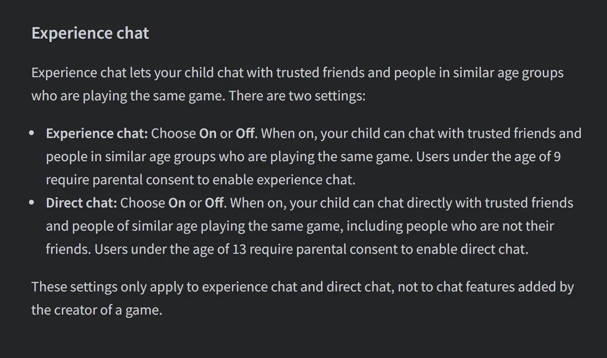 Roblox Support section on Experience chat showing the experience chat and direct chat switches and their age rules