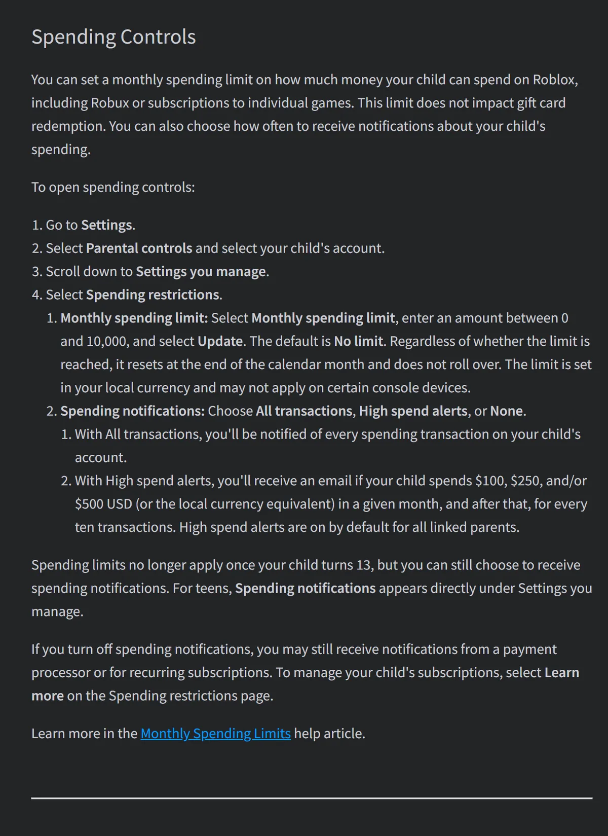Roblox Support section titled Spending Controls with steps for the monthly spending limit and spending notifications