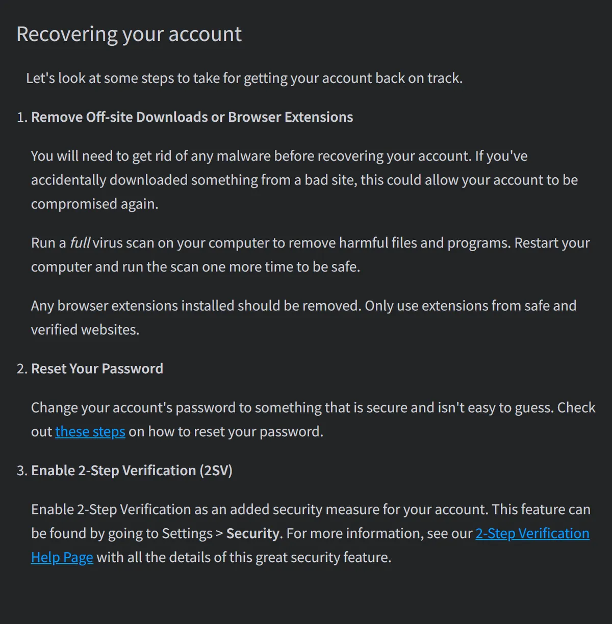 Roblox Support recovery steps: remove off-site downloads, reset your password and enable 2-Step Verification