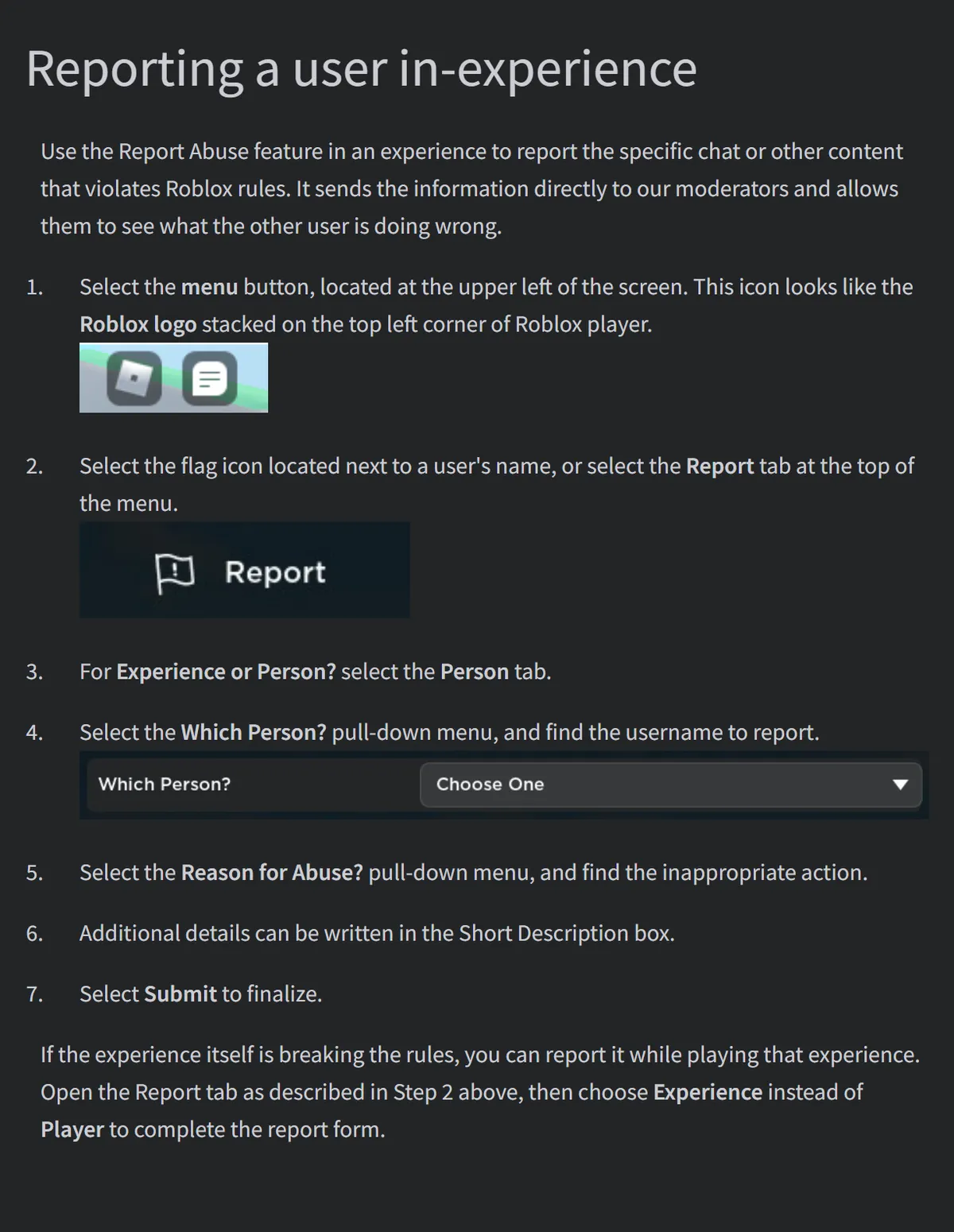 Roblox Support steps for reporting a user inside a game: menu button, Report tab, person, reason and Submit