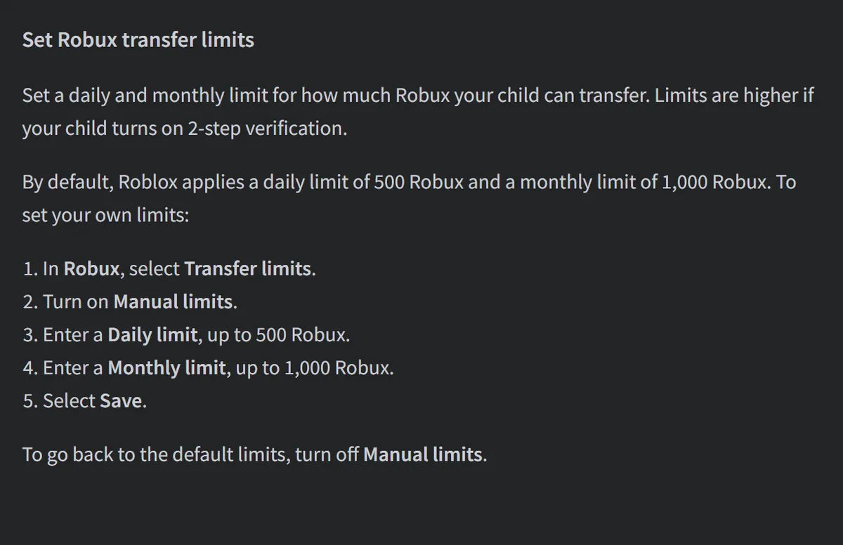 Roblox Support section Set Robux transfer limits: daily limit up to 500 Robux and monthly limit up to 1,000 Robux