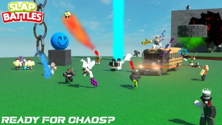 A Slap Battles arena island with players, a school bus, a blue smiley ball and the words READY FOR CHAOS?