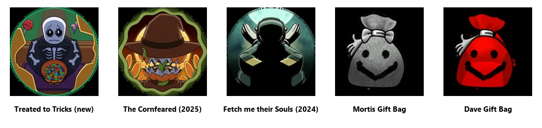 Five Slap Battles badge icons: Treated to Tricks, The Cornfeared, Fetch me their Souls, Mortis Gift Bag and Dave Gift Bag